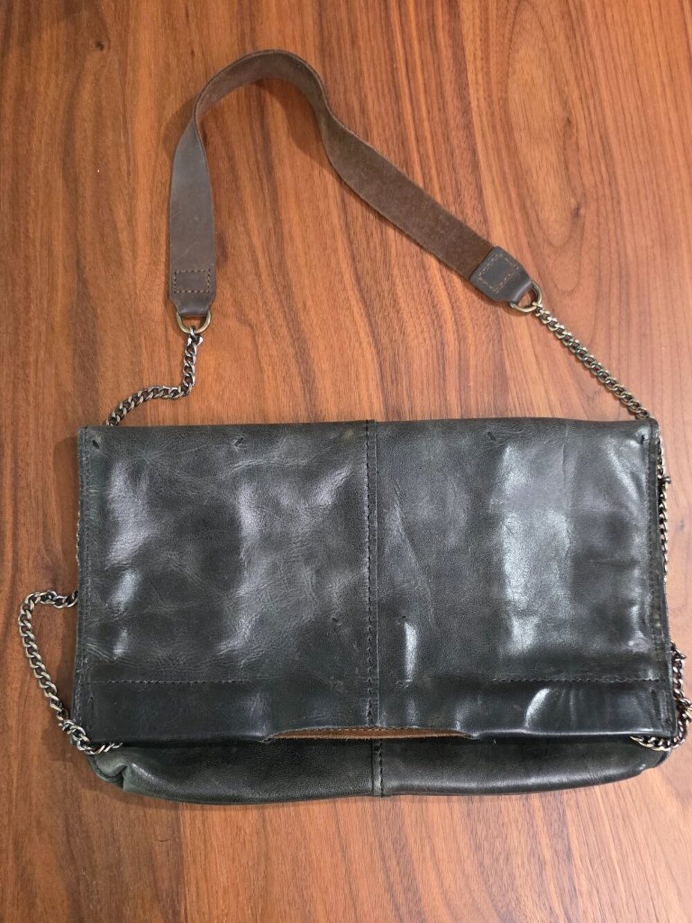 Large Jo handbags black leather tote, fold over with chain/leather strap